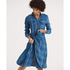 Polo Ralph Lauren Women's Sz 2 Indigo Blue Plaid Linen Shirt Dress Preppy 