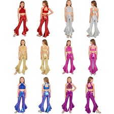 Kids Girls Outfits Crop Top Set Tiered Ruffles Dancewear Sleeveless Costume