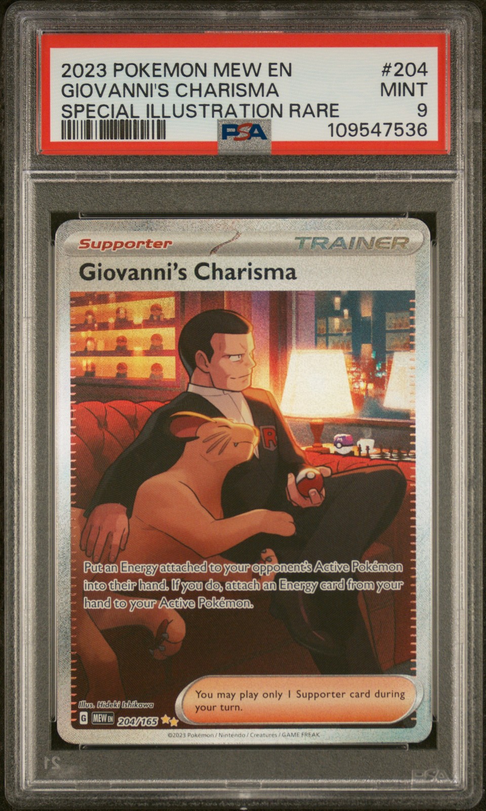 2023 POKEMON MEW EN-151 SPECIAL ILLUSTRATION RARE #204 GIOVANNI'S CHARISMA PSA 9