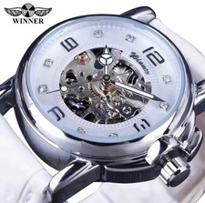 Womens Automatic Transparent Skeleton Luxury Leather Band Ladies Watch Gift Idea