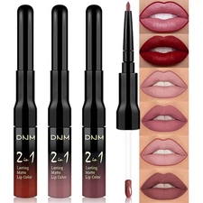 evpct 3Pcs Dark Red Nuetral Mauve Red Brown Matte Lip Liner Liquid Lipstick S...