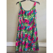 Nine West Pink Green Floral Fit and Flare Dress Sleeveless Size 6 Scoop Neck