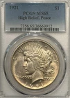 1921 HIGH RELIEF PEACE DOLLAR PCGS MS65