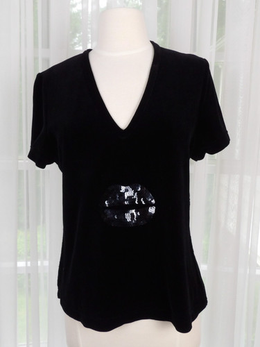 Sonia Rykiel, Vintage Sonia Rykiel Black Velour Sequin Short Sleeve Top Size L EUC