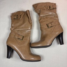 Tan Slouchy Mid Calf Buckle Strap Boots High Stacked Heel Brown Size 8