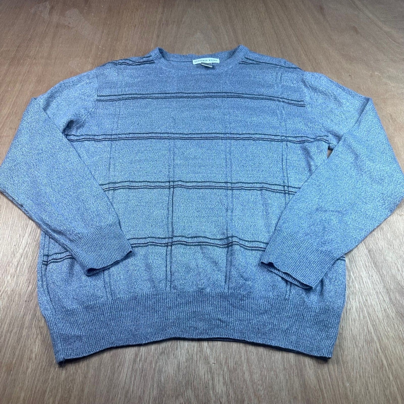 Geoffrey Beene Mens Sweater Large Gray Striped Crewneck Knit