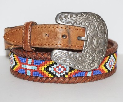 Vintage Artisan Crafted Tan Leather Southwestern Beaded Belt 26''