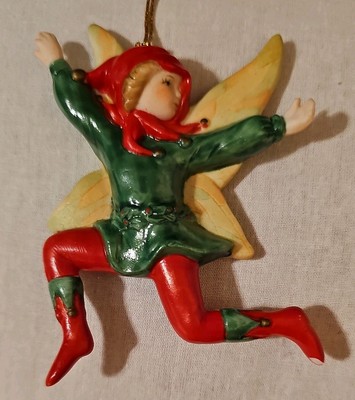 Vintage Gorham Fairy Elf Ornament in Red and Green With Wings 1980s Rare