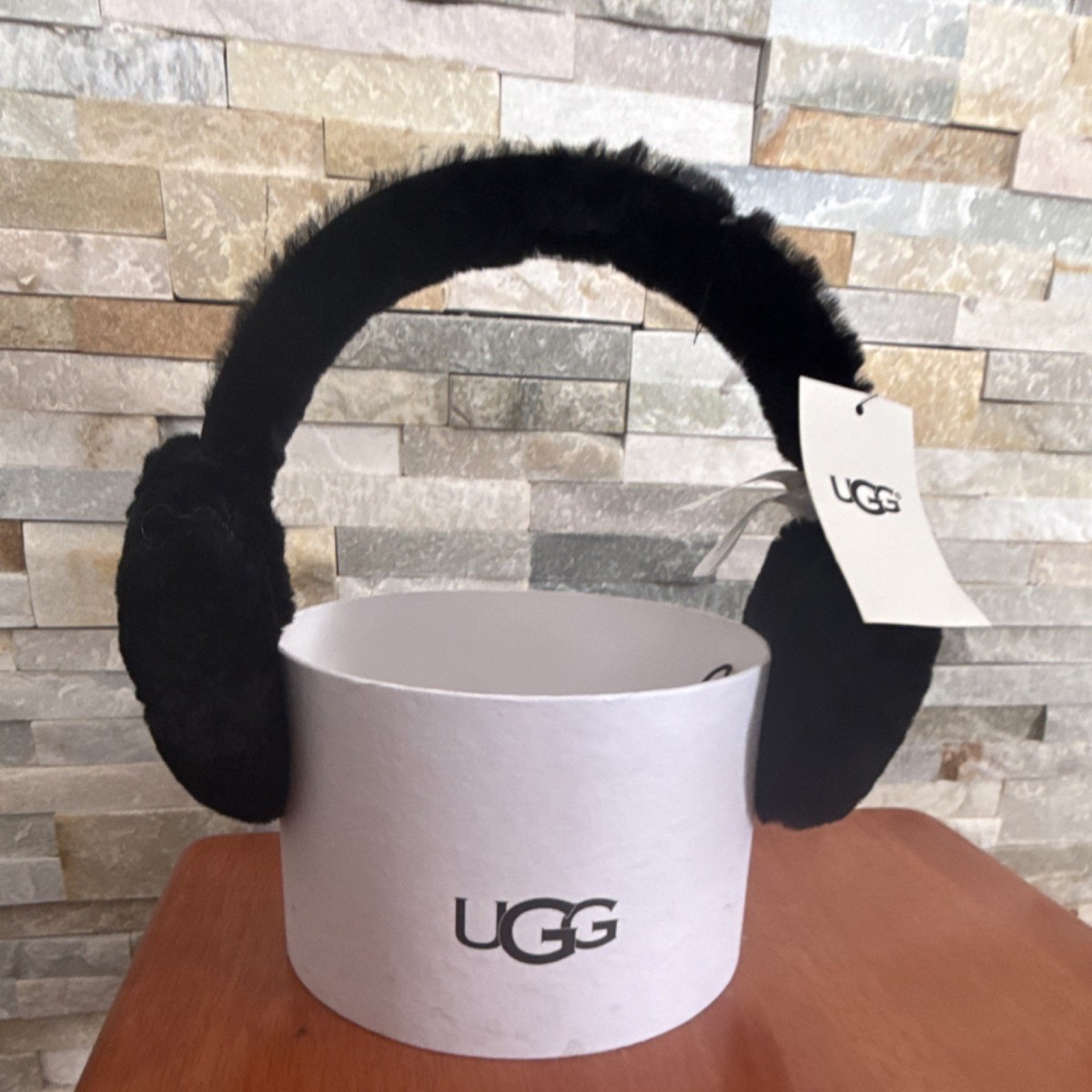 UGG Black Fur Earmuffs Solid Pattern with Tag Stylish Warm  display picture 1