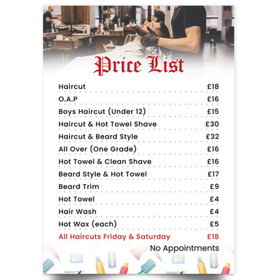 Friseursalon Preis Salon Liste Werbung Preise A5 A4 A3 A2 A1 Plakat Schild