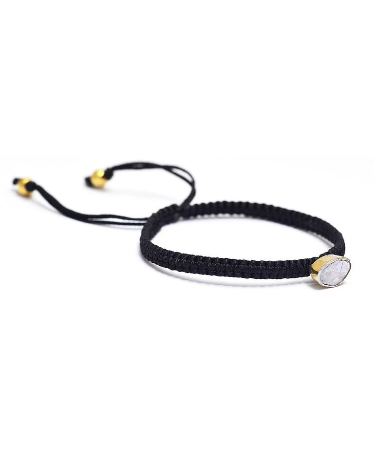 Brazalete ajustable trenzado hilo macramé negro diamante plata de ley 925 Foto 2 de 4