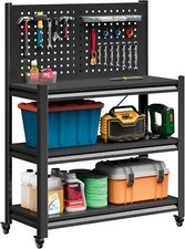 Metal Garage Shelving 3 Storage Shelves Workbench w/Pegboard WorkBench on Wheels