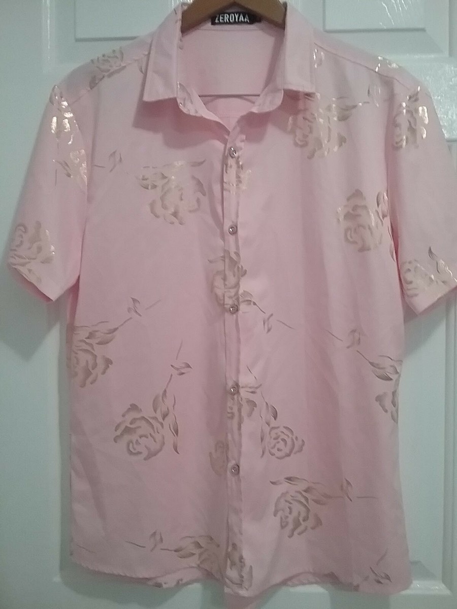 ZEROYAA Mens Hipster Gold Rose Printed Slim Fit Short Sleeve Button Down  Dress M | eBay