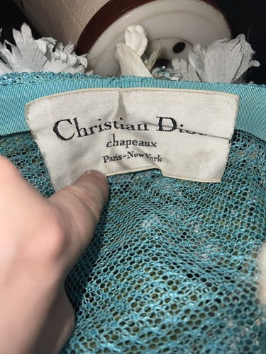 Vtg Women’s Christian Dior Chapeaux Paris New York Blue Floral Hat White Flowers - Picture 8 of 10