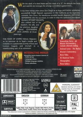 The Mask of Zorro (1998) DVD, Antonio Banderas, Anthony Hopkins