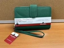 Mundi All In One Green Clutch Safe Keeper Zipper Photos Card Slots Wrist Strap