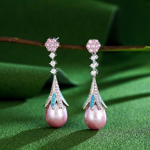Moda Mujeres Flor Hoja Perla Boda Pendiente Gota Plateado Circonita Circonita Joyería - Imagen 259 de 358