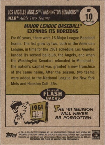 2010 Topps Heritage Baseball Flashbacks Baseball Card #BF10 Angels/Senators - Picture 2 of 2
