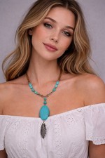 Boho Turquoise Style Necklace Suede Cord Beads Leaf Pendant Silver Tone