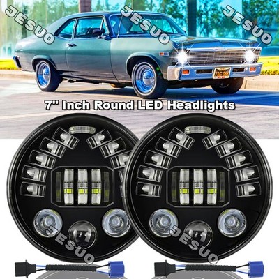 Pair 7'' Inch Round LED Headlights Halo Angel Eyes Hi/Lo For 1963-1978 Chevy Nova