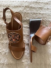 Tory Burch Leather Double Strap Buckle Metal Miller 65mm Wedge Tan Gold Size 7