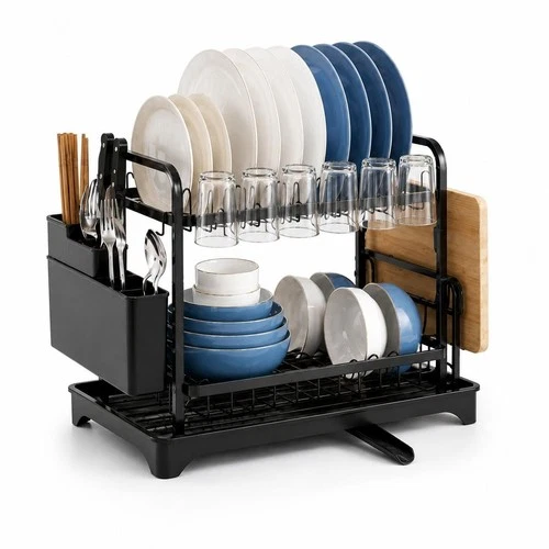 2 Tier Black Dish Drying Rack Kitchen Drainer with Drainboard Utensil Caddy
