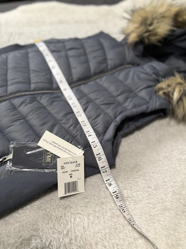 New YMI Women’s Charcoal Full Zip Puffer Vest Faux Fur Hood Size Medium - Image 3 of 4