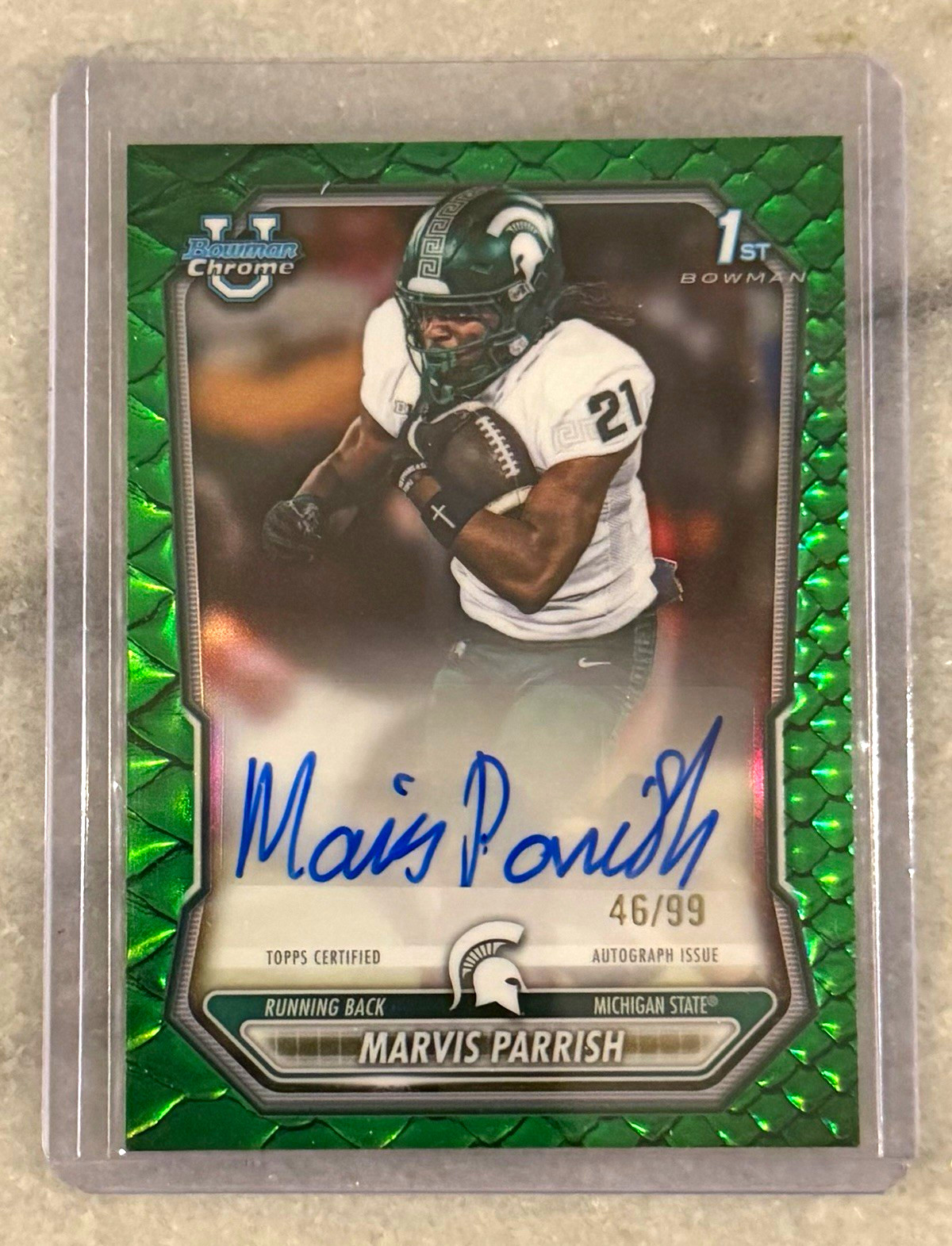 2026 Bowman Chrome Marvis Parrish 1st Bowman Green Reptilian Auto /99 MSU