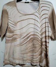 Basler Black Label Blouse Womens Large Beige Print Stretch Knit Short Sleeve 