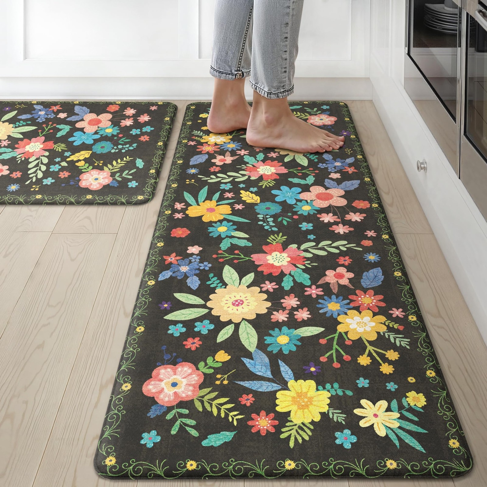 Non-Slip Cushioned Kitchen Floor Mats 2PCS Washable Farmhouse Style