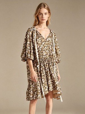 $600 NWOT Lee Mathews Ariel Puff Sleeve Tunic Floral Dress Over Size Linen Silk
