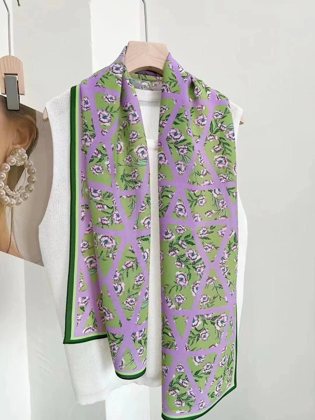 100% Mulberry Silk Scarf Women Neckerchief Scarf Shawl Flower Print Green Purple