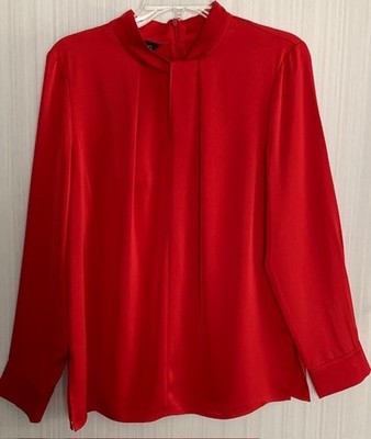 MING WANG Satin Crepe de Chine Blouse NWT Size S Red Front Pleat/Twist Neckline