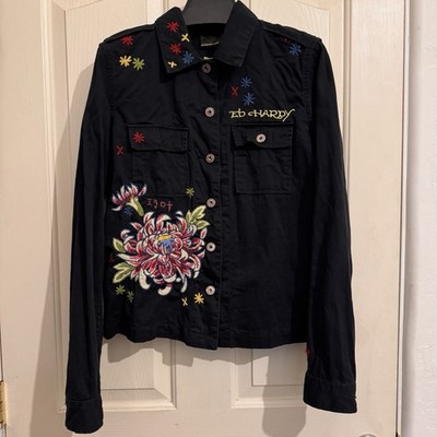 ED HARDY Christian Audigier Wmn Y2K LG Black Embroidered Eagle Button Up Jacket