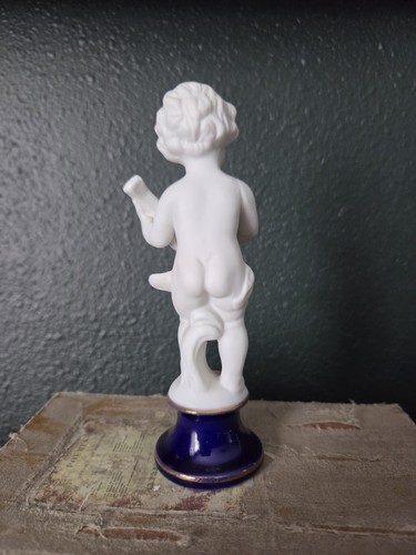 Vintage 6.5" Porcelain Bisque Cherub Playing Lute w/ Cobalt Blue Gold Base - Picture 3 of 9