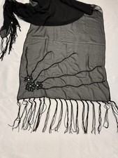 Black Lace Beaded Scarf Shawl Evening Wrap Fringe Special Occasion Holiday Party
