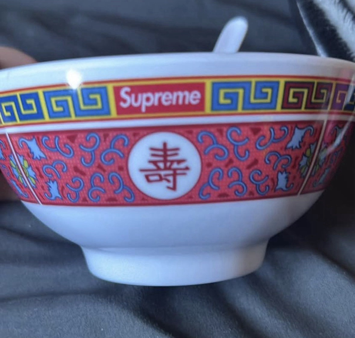 Supreme Asian Style Ceramic Bowl & Spoon Set Red Pattern Glossy