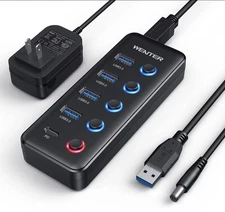 Powered Usb 3.0 Hub 5port Usb Hub Splitter 4 Faster Data Transfer Ports+ 1 Type