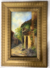 ANTICO PICCOLO DIPINTO OLIO SCORCIO PAESE CAMPAGNA STRADA PORTONE GUILLOCHE '900