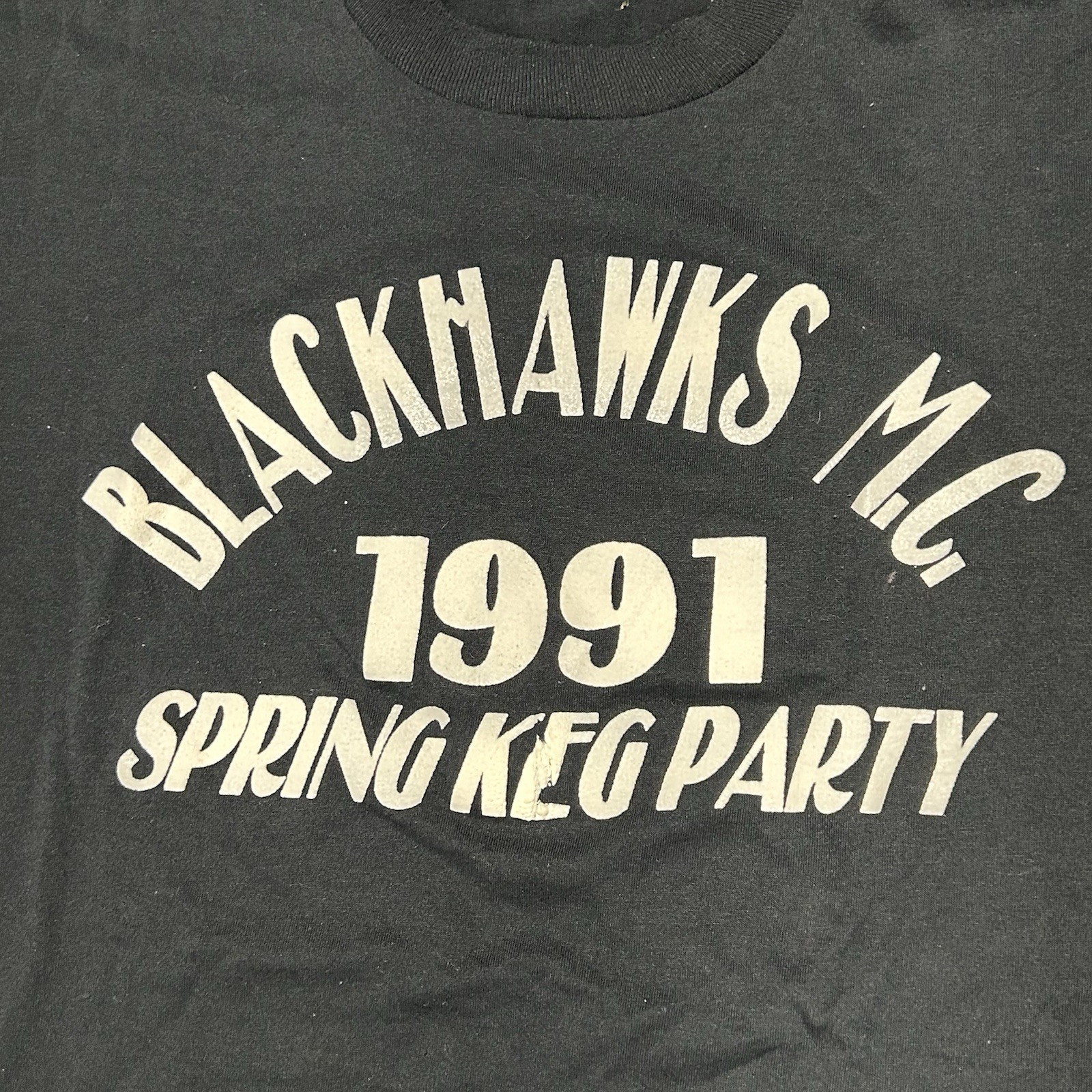 VTG Blackhawks Motorcycle MC Club Shirt Sz L Spring Break Keg Party Biker 1991