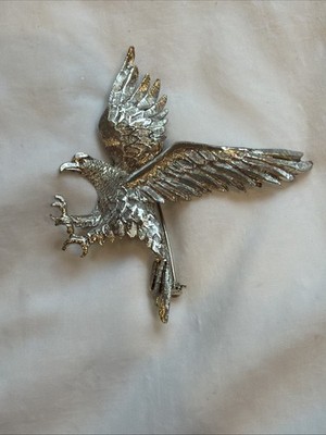 Vintage Silver Tone Eagle Brooch Flying Bird of Prey Pin Large Textured Wings