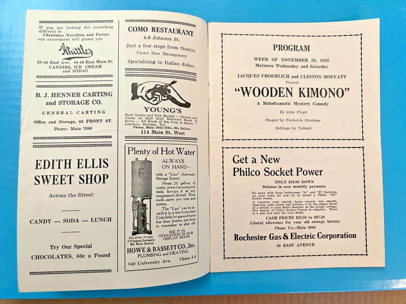 1926 Lyceum Theatre -  Playbill Ephemera, Rochester, NY "WOODEN KIMONO"￼
