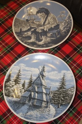 2 Wandteller Vintage  Porzellan Porsgrund Norway Stabkirche  Borgrund / Troll