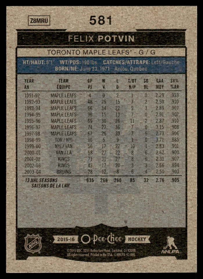 2015-16 O-Pee-Chee MARQUEE LEGEND Felix Potvin Toronto Maple Leafs #581 - Image 2 of 2