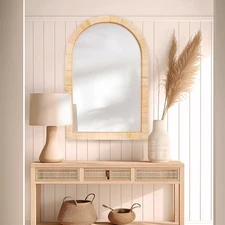 Rattan Mirror,Arch Boho Bathroom Mirror for Wall,24x36 Wicker Vanity Mirror f...