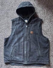 Carhartt Hooded Black Canvas Workwear Full Zip Vest Black Fleece Lined Sz XL