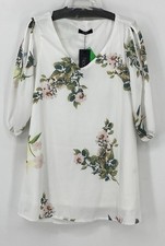 Noctflos Womens Large Floral Shift Dress Mini White Green Pink 3/4 Sleeve NWT