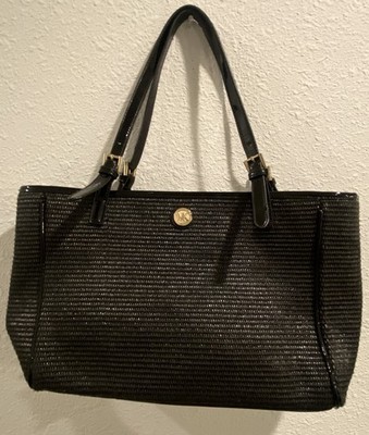 Michael Kors Black Woven Tote Patent Leather Trim Gold Logo Shoulder Bag Large