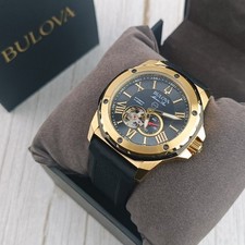 Bulova Marine Star A Automatic Black Gold Dial Black Strap Men Watch 45mm 98A272