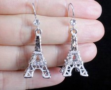 EIFFEL TOWER CLEAR AUSTRIAN RHINESTONE DANGLE EARRINGS STUD E12303S SILVER